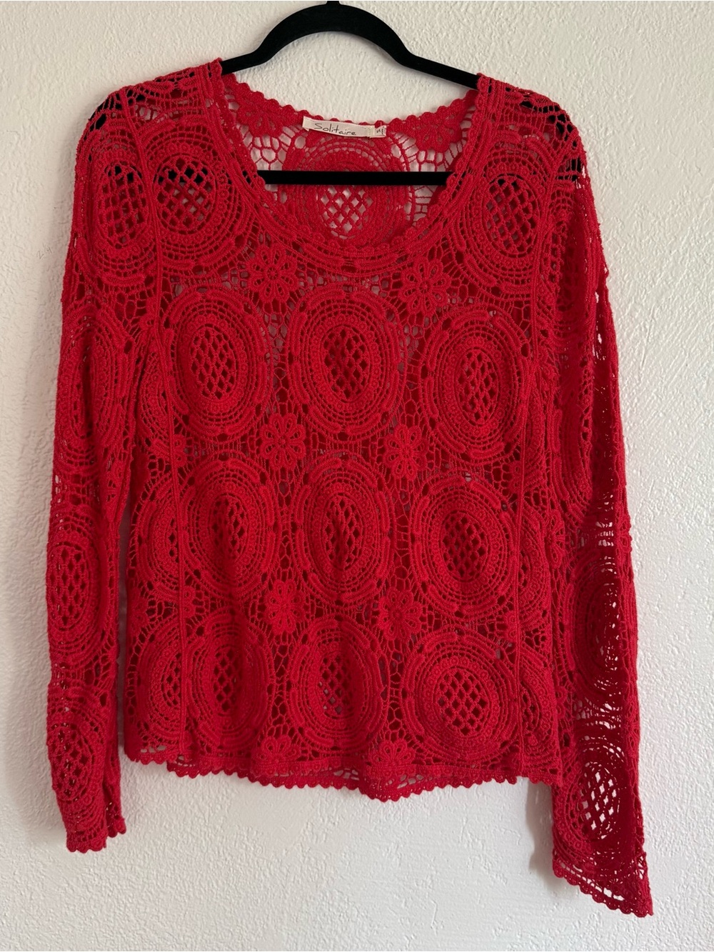 Solitaire Crochet Long Sleeve Top Size Small Red Boho Chic Whimsical